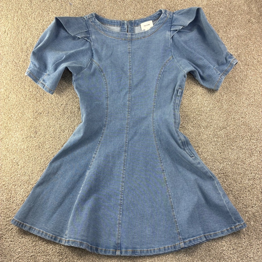RG KANE Blue Denim Puff Sleeve Fit‎ and Flare Mini Dress Womens Size S USA Boho